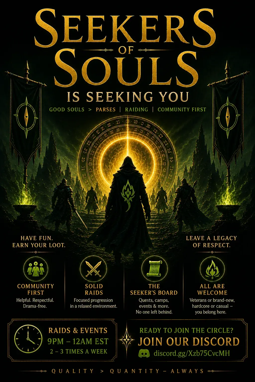 Seekers of Souls members gathered before a glowing Norrath portal